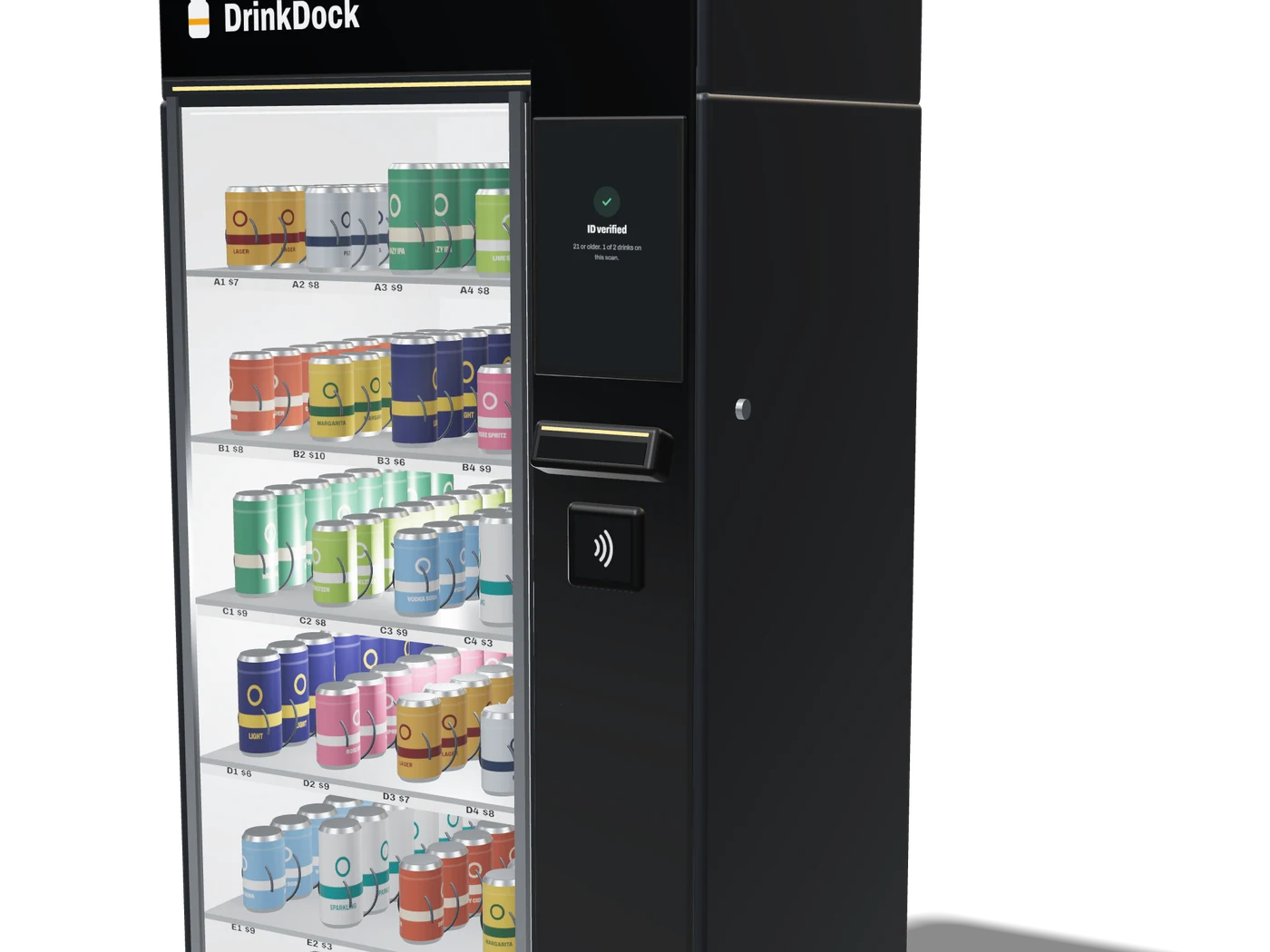 A DrinkDock guest station: touchscreen, ID scanner and card reader