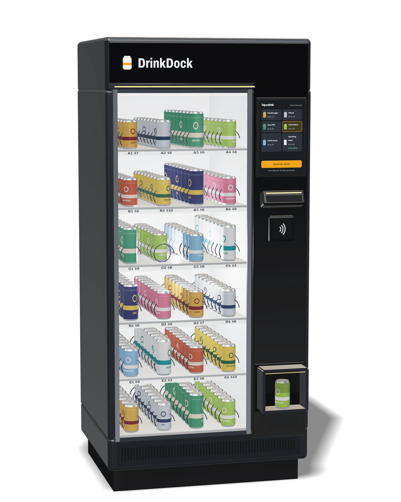 DrinkDock One vending machine: a glass-front cabinet of canned drinks on spiral coils, with a touchscreen, ID scanner, card reader and a lit pickup port holding a can