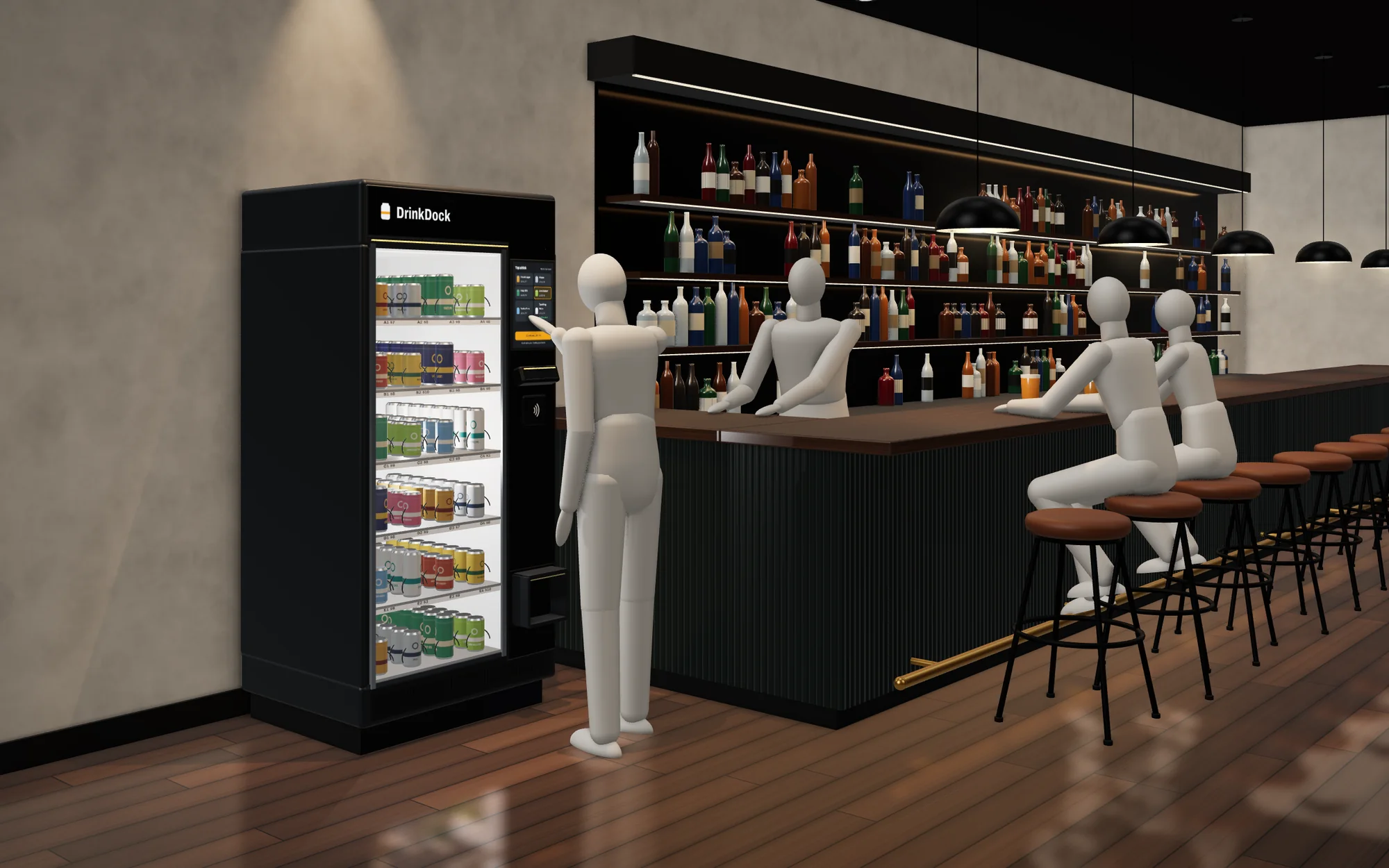 Concept visualization: a DrinkDock One against the wall at the end of a bar, with a guest at its screen and a bartender behind the bar a few feet away