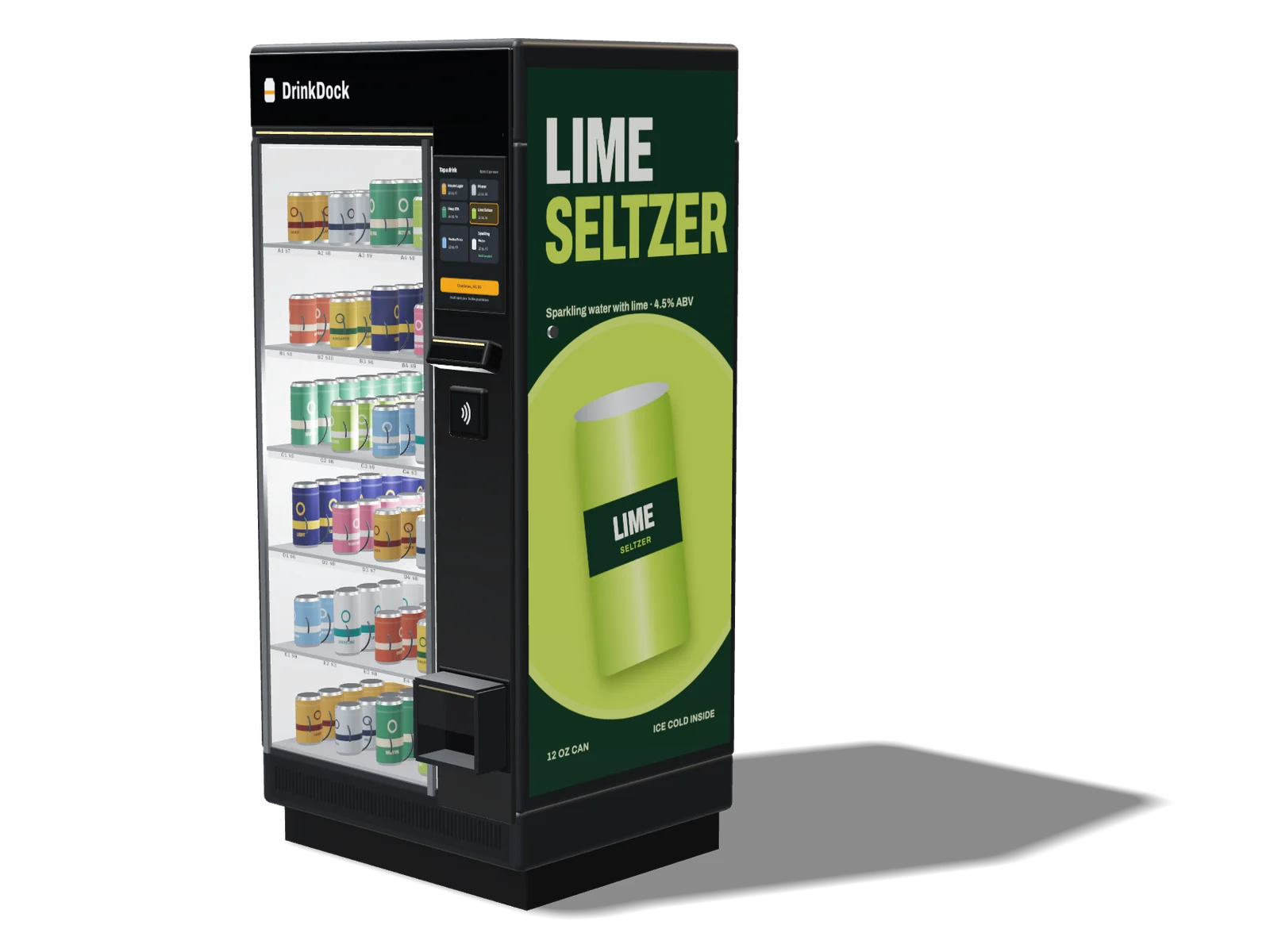 A DrinkDock One with an example side wrap for a lime seltzer